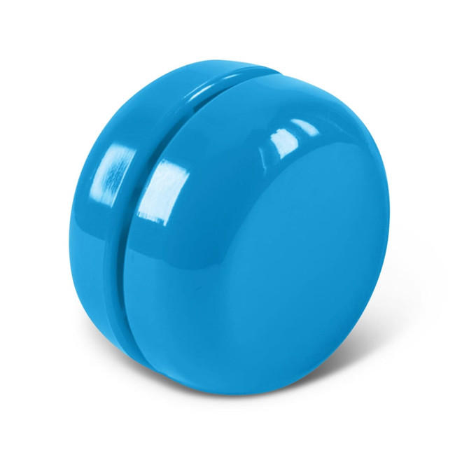 A bright blue yoyo with a glossy finish, featuring a simple round design.