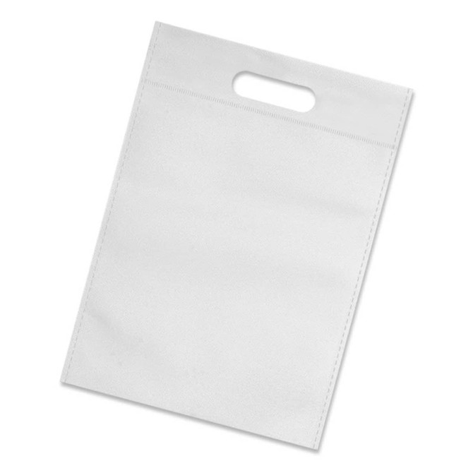 A white tote bag with a handle, featuring a smooth surface and stitching details. It has a simple design and includes branding.