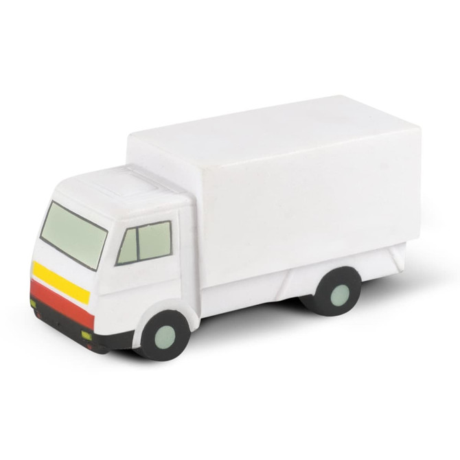 A white stress toy shaped like a small truck, featuring a minimalist design with subtle colour accents.