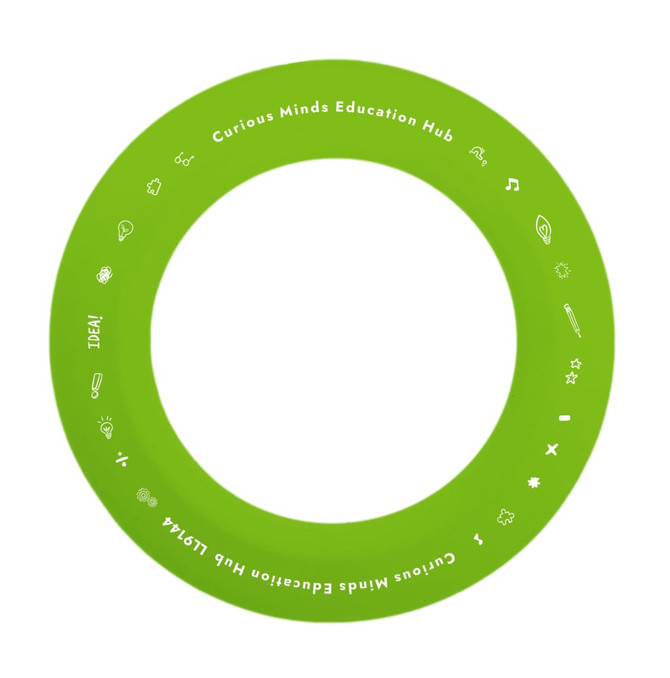 A silicone flyer in bright green featuring various icons and the text "Curious Minds Education Hub."