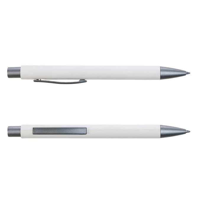 A white pen with a silver clip and tip, featuring a sleek design and branding on its surface.