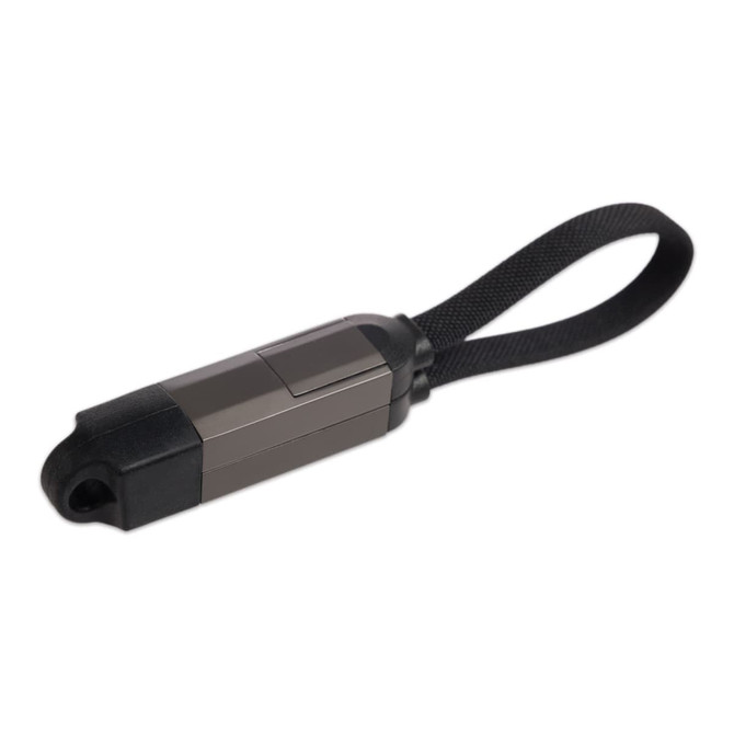 A gray charging cable with a strap, featuring a compact design and multiple connection options.