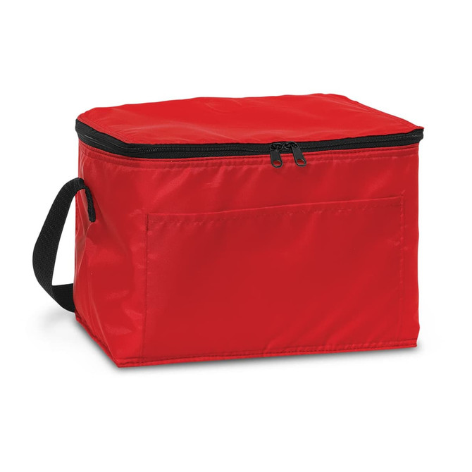A red cooler bag with a zip closure and a black handle, featuring a front pocket and a logo.