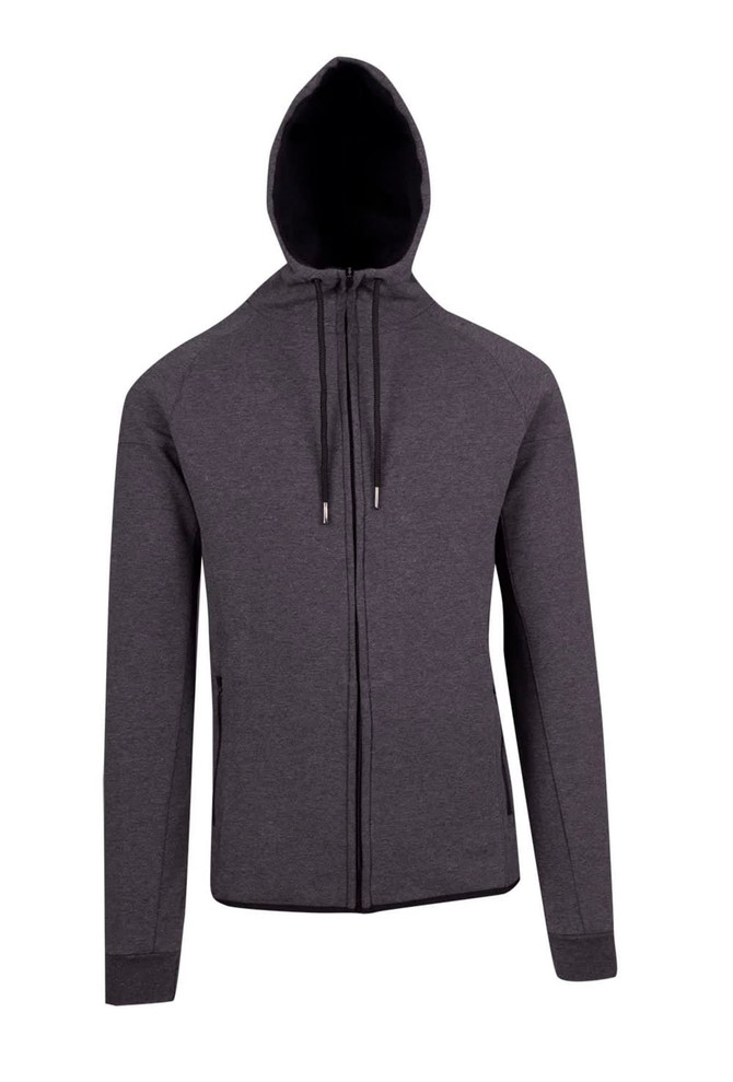 A grey bonded polar fleece hoodie with a zip front and a hood, featuring a logo.