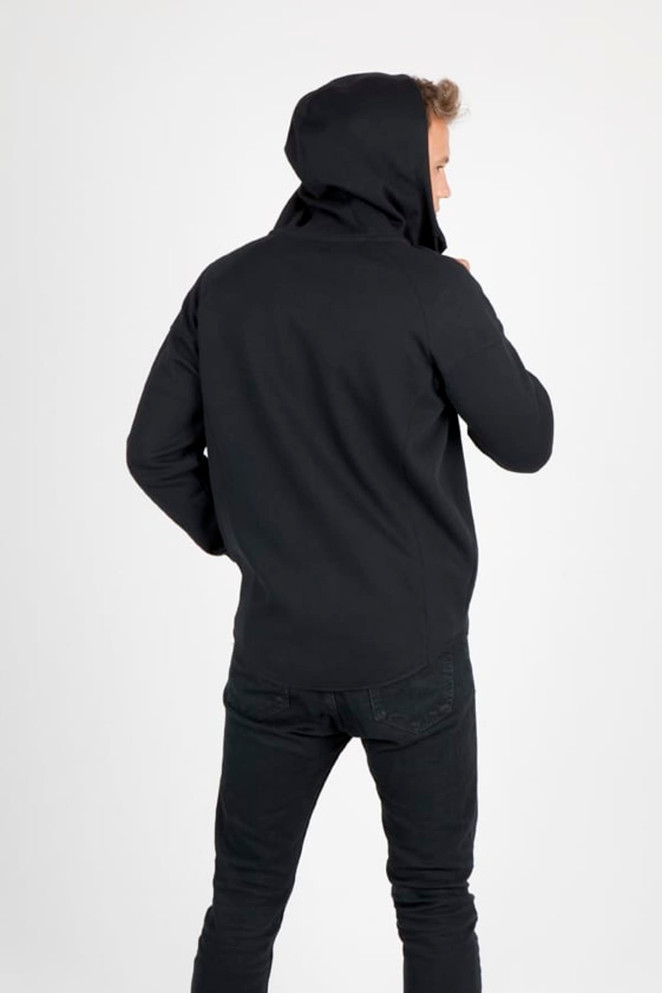 A black men's hoodie made from soft cotton and bonded polar fleece, featuring a hood and a logo.