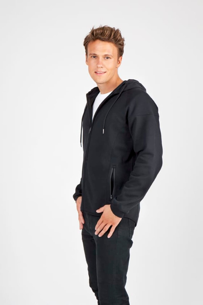 A black hooded jumper made of soft cotton and bonded polar fleece, featuring a zip and side pockets.