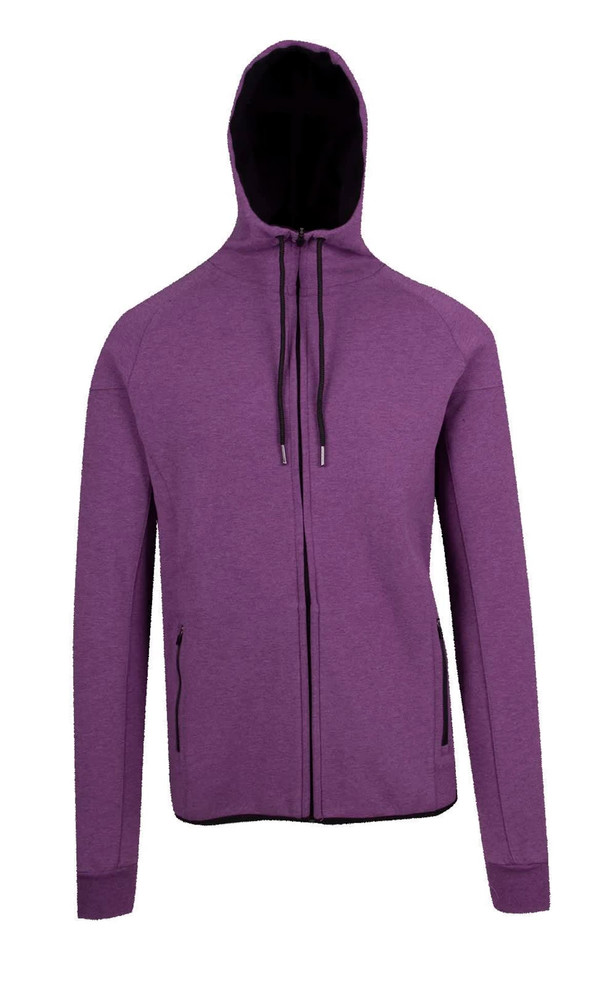 A purple hoodie with a black interior, featuring a front zip and side pockets, and a hood for warmth.