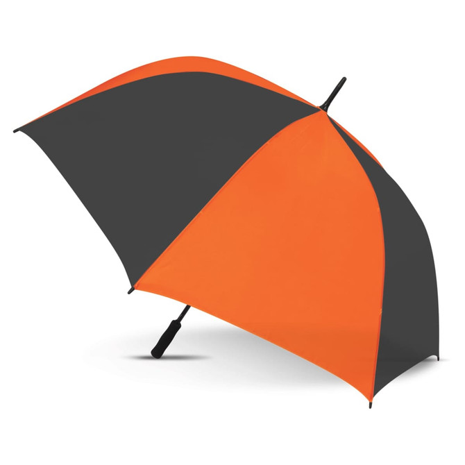A sports umbrella with a grey and orange canopy, featuring a curved handle and a stylish design.