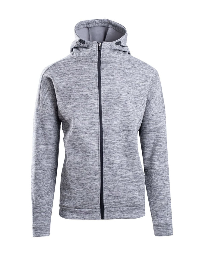 A grey men's hoodie with a zip front and an adjustable hood. It features a logo on the chest area.