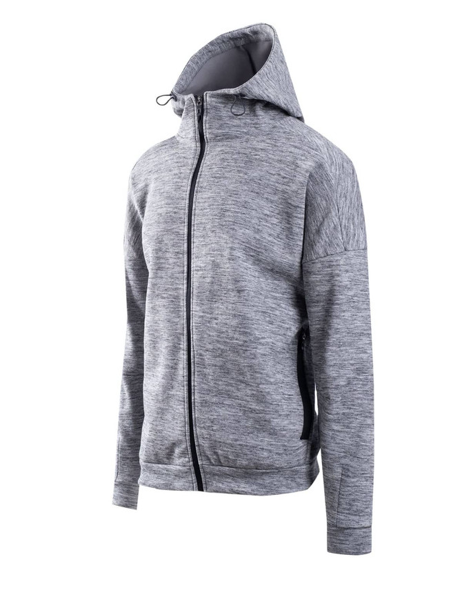 A grey men's hoodie with a hood and zip closure, featuring side pockets and a logo.