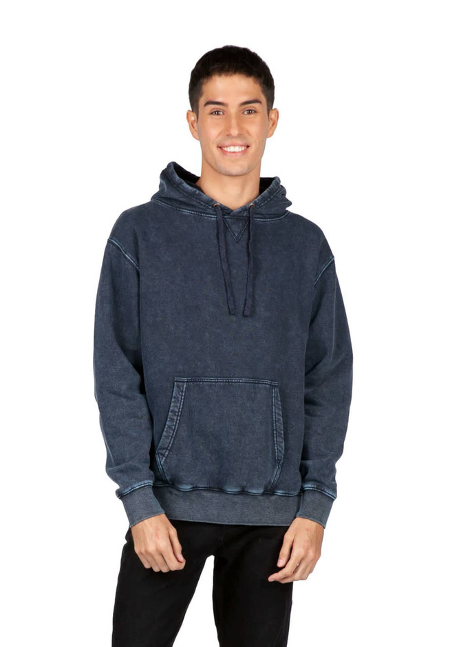 A dark stone wash fleece hoodie with a front pouch pocket and a drawstring hood, worn by a smiling model.