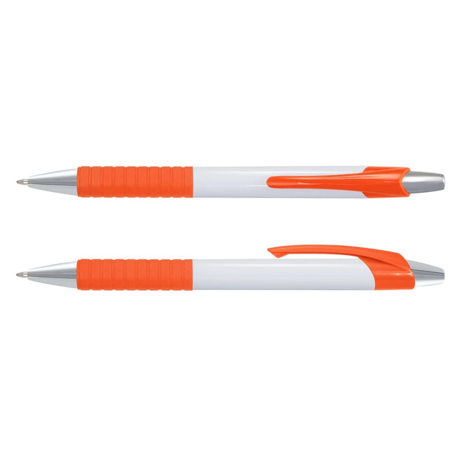 A white pen with orange accents and a textured grip. It features a sleek design and a silver clip.