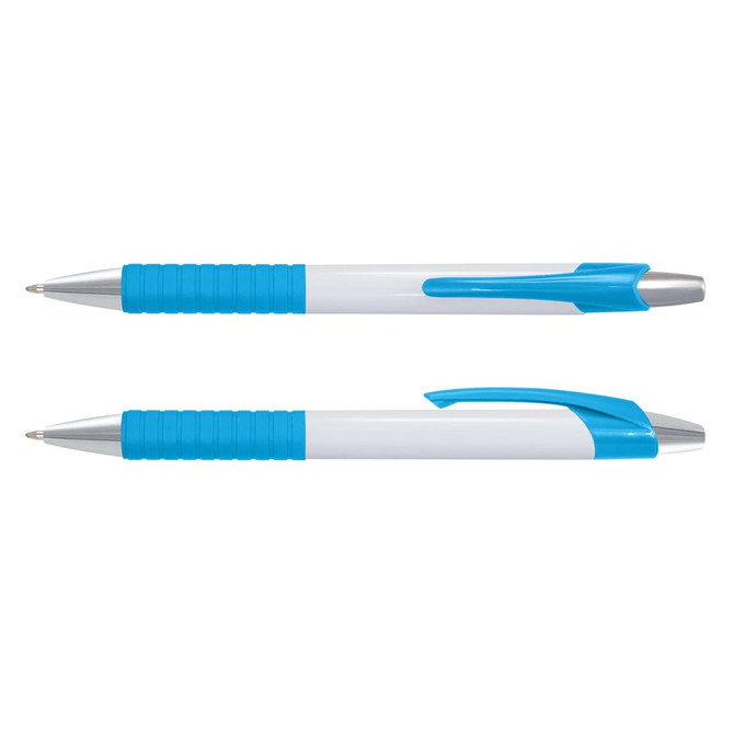A plastic pen with a white barrel and blue accents, featuring a textured grip and a silver clip.