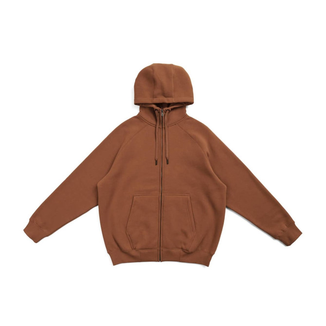 A brown cotton hoodie with a kangaroo pocket and a zipper, featuring a hood and ribbed cuffs.