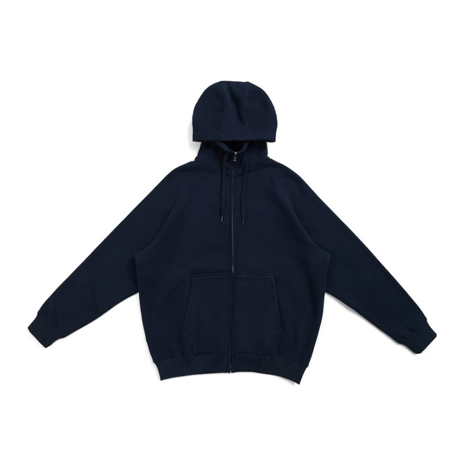 A navy blue men's cotton hoodie with a kangaroo pocket and a zipper, featuring a logo on it.
