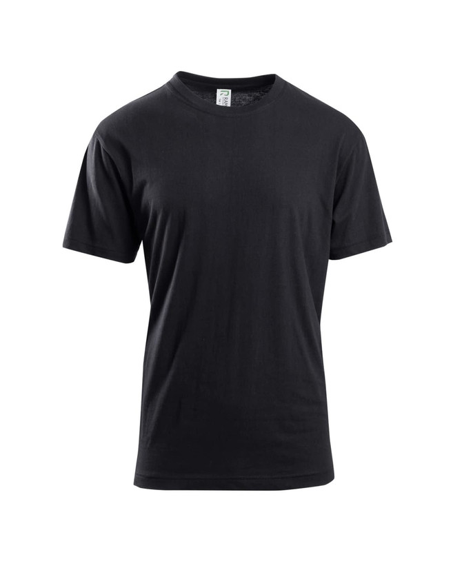 A plain black unisex T-shirt with short sleeves and a round neckline, featuring a small logo.