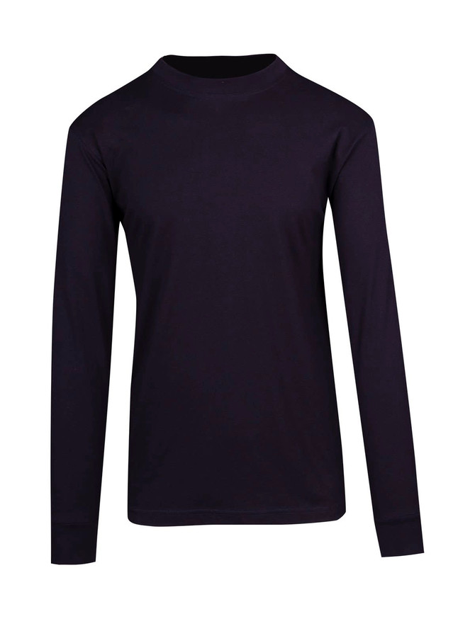 A navy long sleeve T-shirt featuring a crew neck and straight hem, with a small logo on the design.
