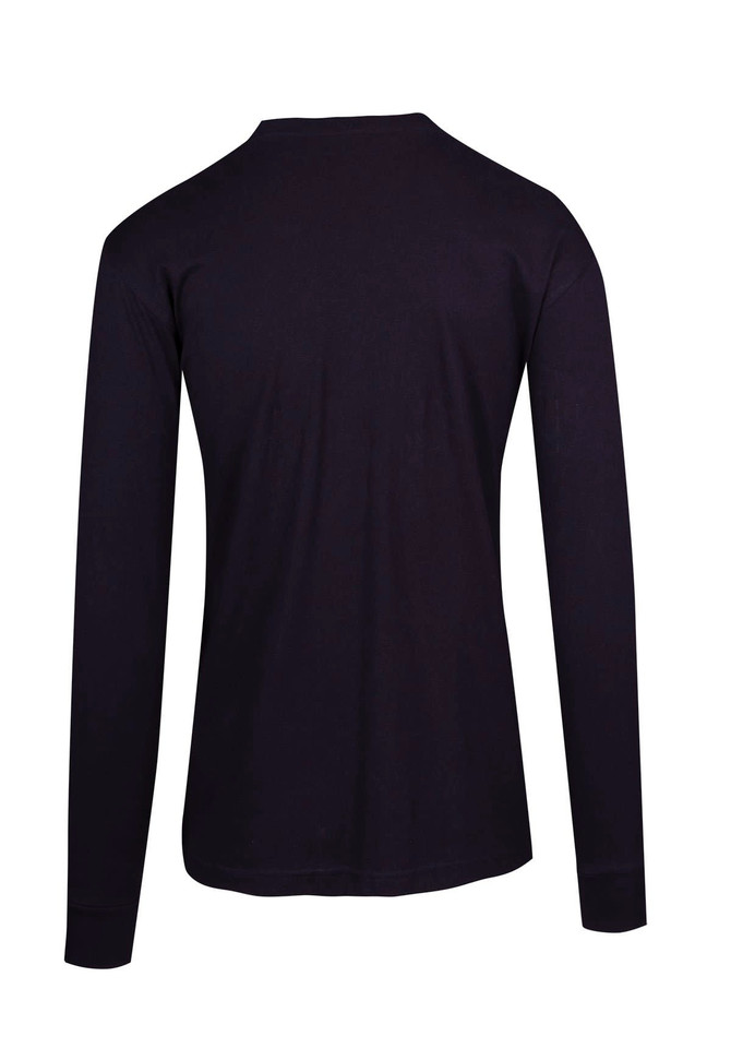 A black unisex long sleeve T-shirt featuring a plain back design and fitted sleeves.