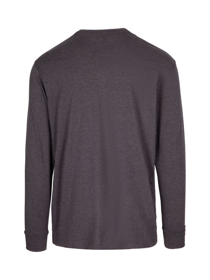 A unisex long sleeve T-shirt in dark grey with a simple design and a branding logo on the back.