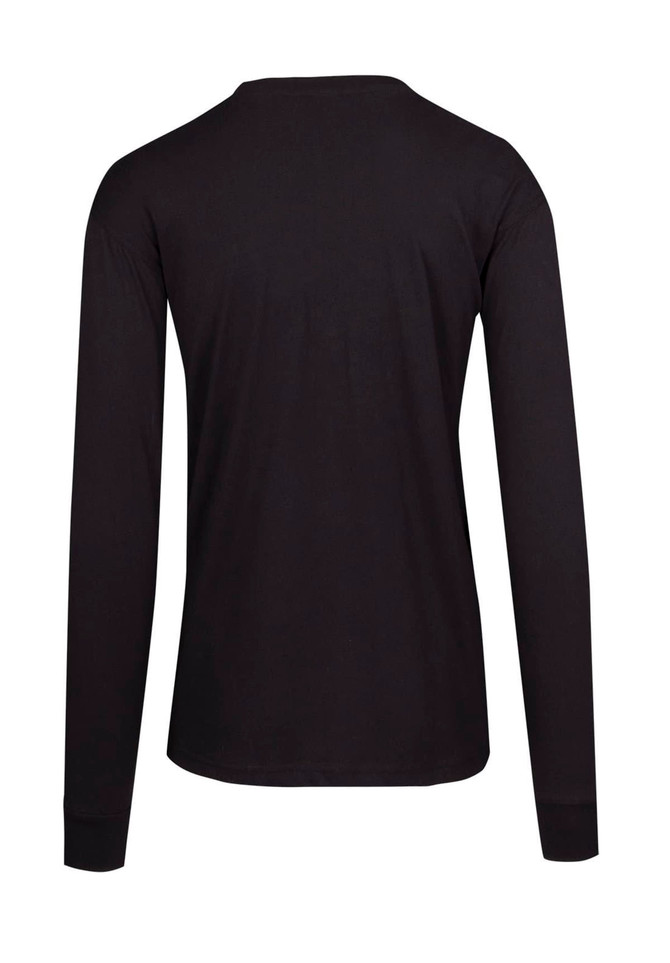 A black, long sleeve unisex T-shirt featuring a plain design and a back view. It includes a small logo on the back.