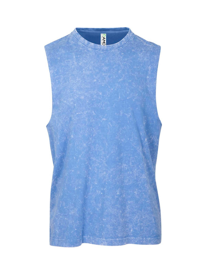 A blue stone wash tank top with a sleeveless design and a label at the neck. It features a subtle marbled pattern.