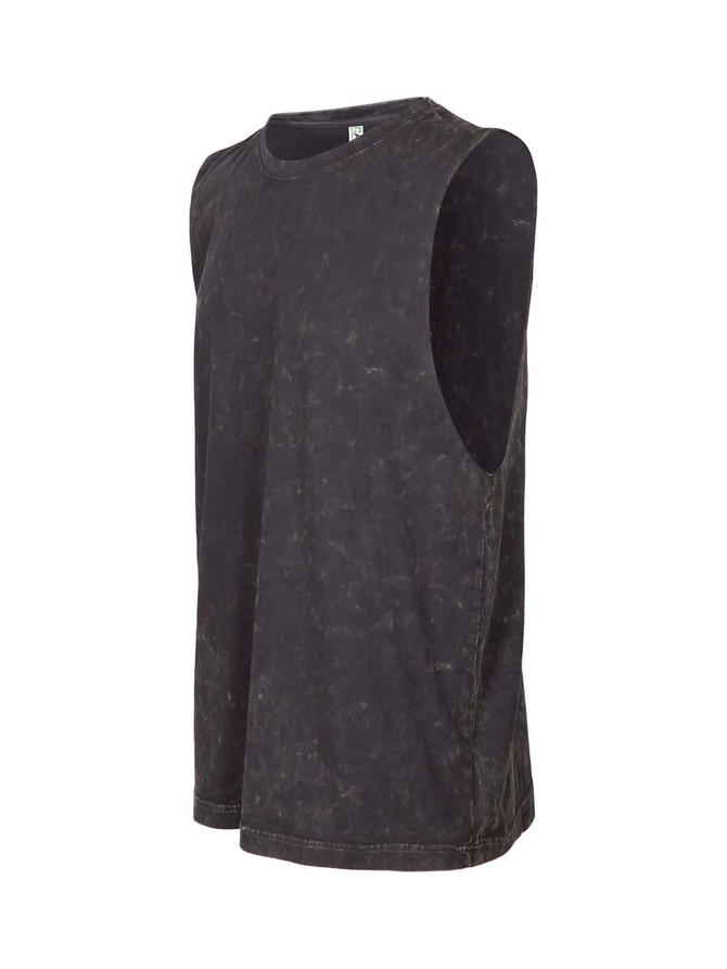 A stone wash men's singlet in black with a sleeveless design and a subtle texture. It features a logo.