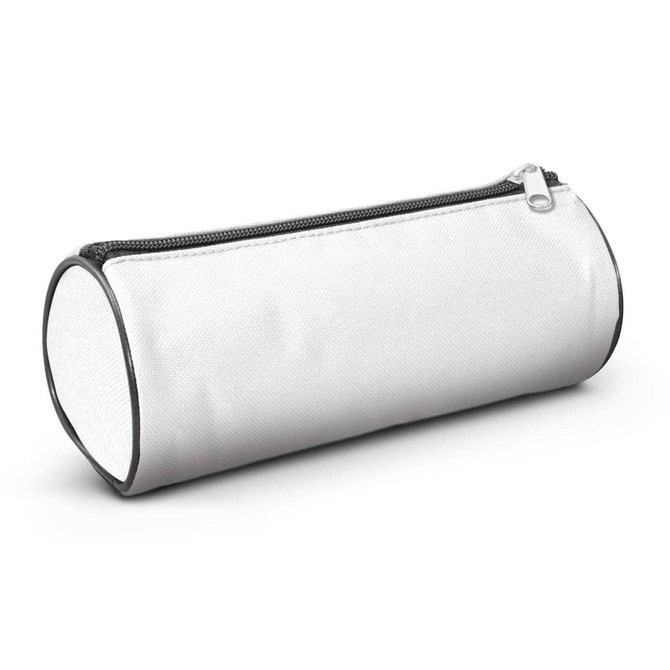 A pencil case with a cylindrical shape, featuring a white exterior and a black zipper.