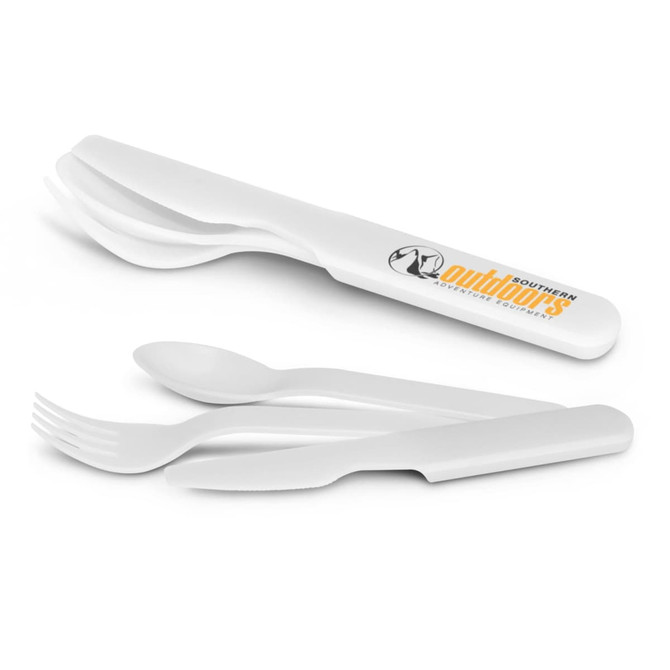 A white knife, fork, and spoon set displayed together, featuring a logo on the knife handle.