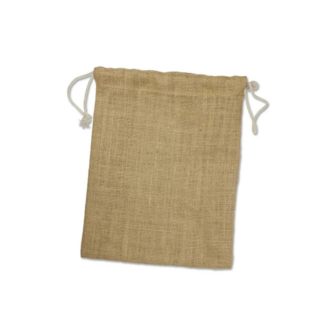 A medium jute gift bag with drawstring closure, featuring a natural woven texture in a tan color.
