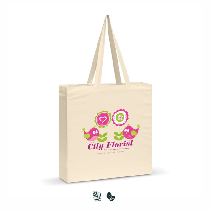 A cotton shoulder tote bag in natural colour featuring birds and flowers with a logo.