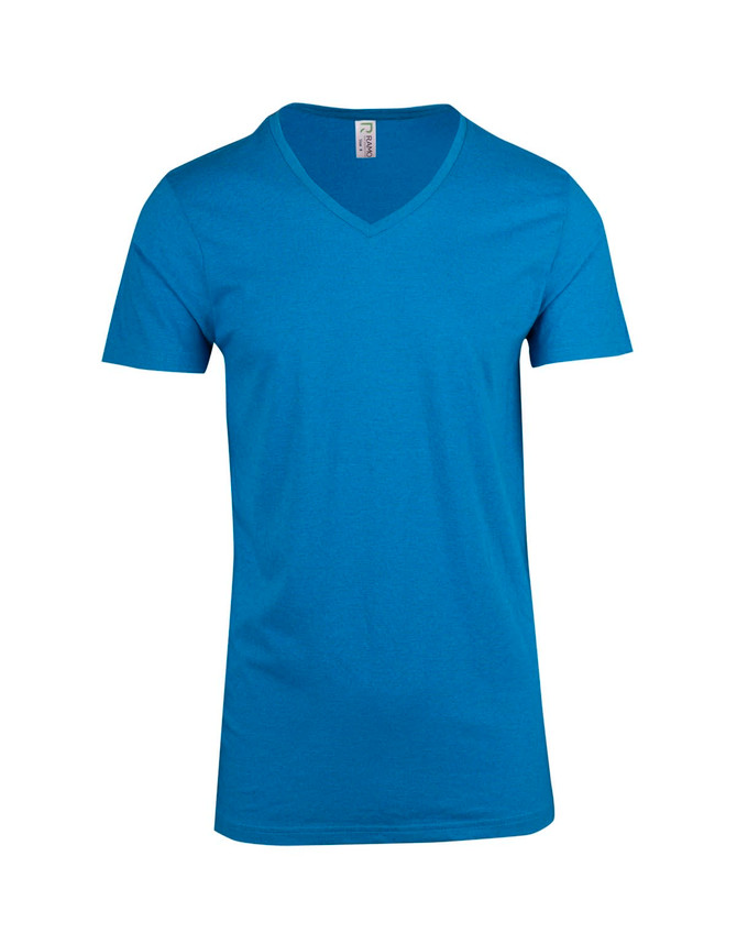 A blue marl V-neck T-shirt featuring short sleeves and a logo on the label.