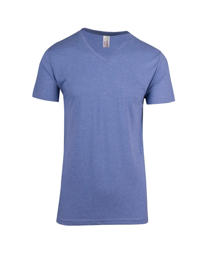 A men's marl V-neck T-shirt in a light blue colour, featuring short sleeves and a tag. It has a small logo.