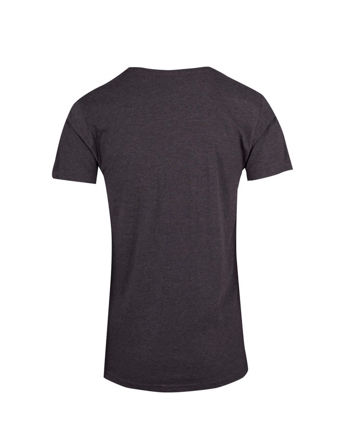A men's marl V-neck T-shirt in a dark grey colour, featuring a simple design and a logo.