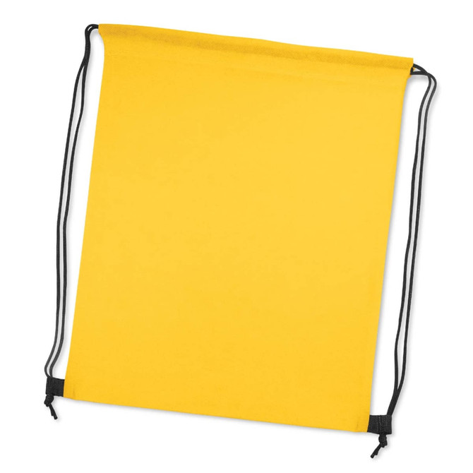 A yellow drawstring backpack with black cords, featuring a simple design. It has a branding logo.