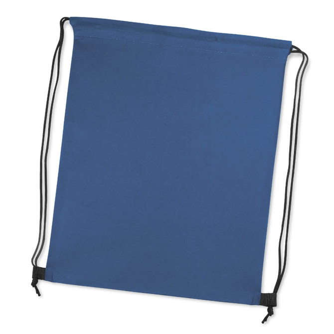 A blue drawstring backpack with black cords and a simple design. It features a branding logo on the front.