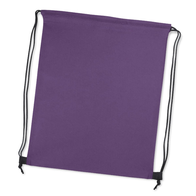 A purple drawstring backpack with black cords for closure and a logo on one side.