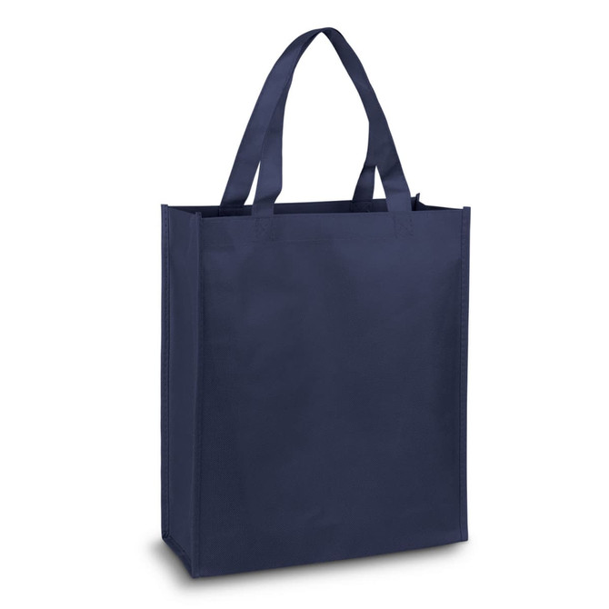 A navy A4 tote bag with two handles and a simple design, featuring a logo.