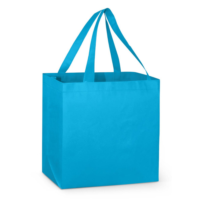 A bright blue tote bag with two sturdy handles, featuring a plain design and ample space for carrying items.