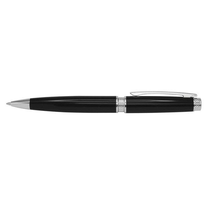 A sleek black metal pen featuring silver accents and a clip.