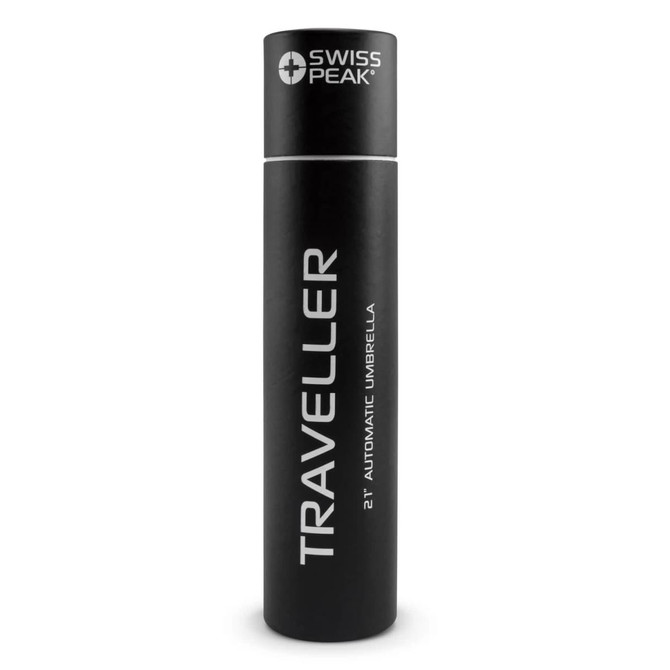 A black, cylindrical umbrella case with a logo and the word "TRAVELLER" prominently displayed.