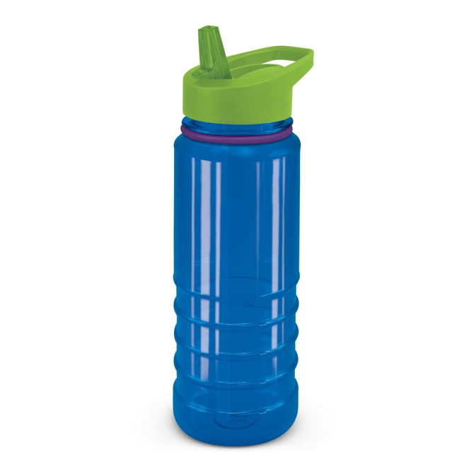 A drink bottle in bright blue with a green lid and a straw, featuring a textured grip and a logo.