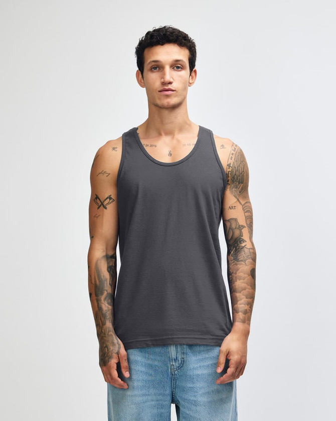 A unisex fine jersey tank in grey with red side panels, featuring a logo on the front.
