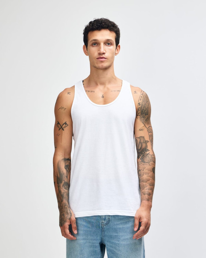 A unisex fine jersey tank in white, featuring a simple design and a logo on the garment.