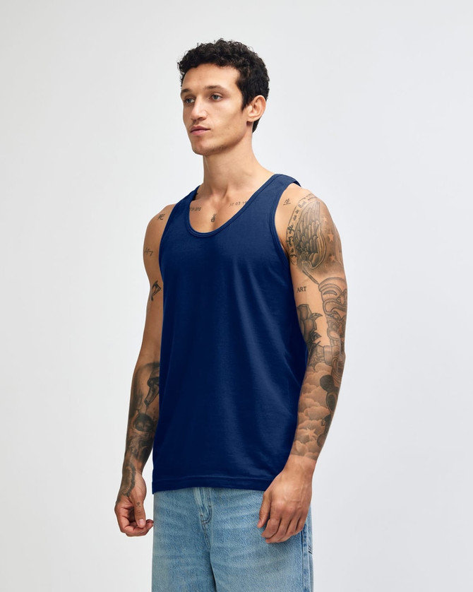 A unisex fine jersey tank in deep navy, featuring a relaxed fit and minimal branding. Ideal for casual wear.