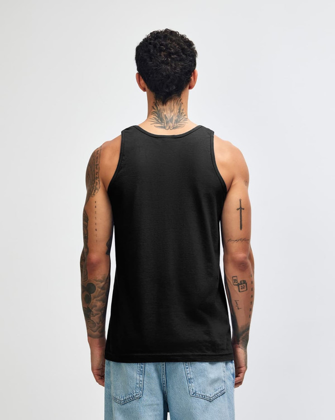 A black unisex fine jersey tank top is worn by a model, featuring a simple design and a logo.