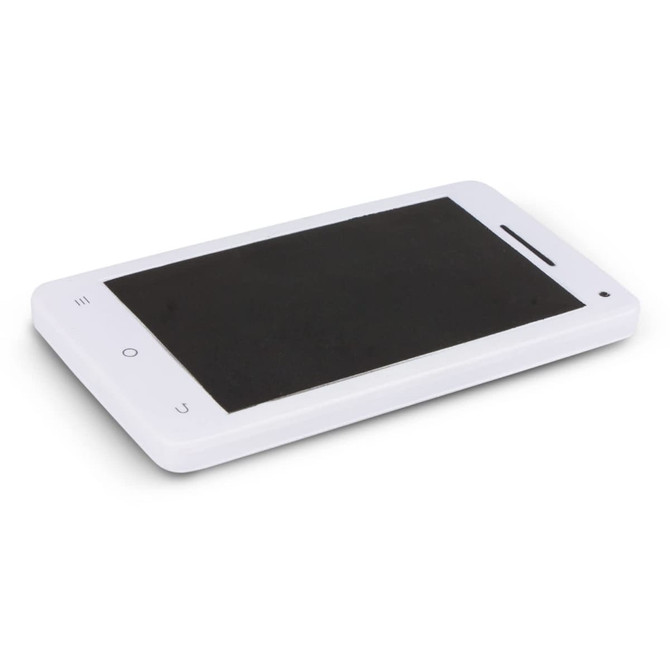 A stress relief toy designed as a smartphone, featuring a sleek white design and a black screen.
