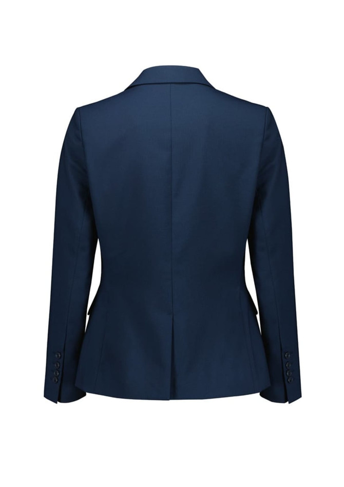 A navy women's mid-length jacket featuring a single button and tailored design, with a logo on the back.
