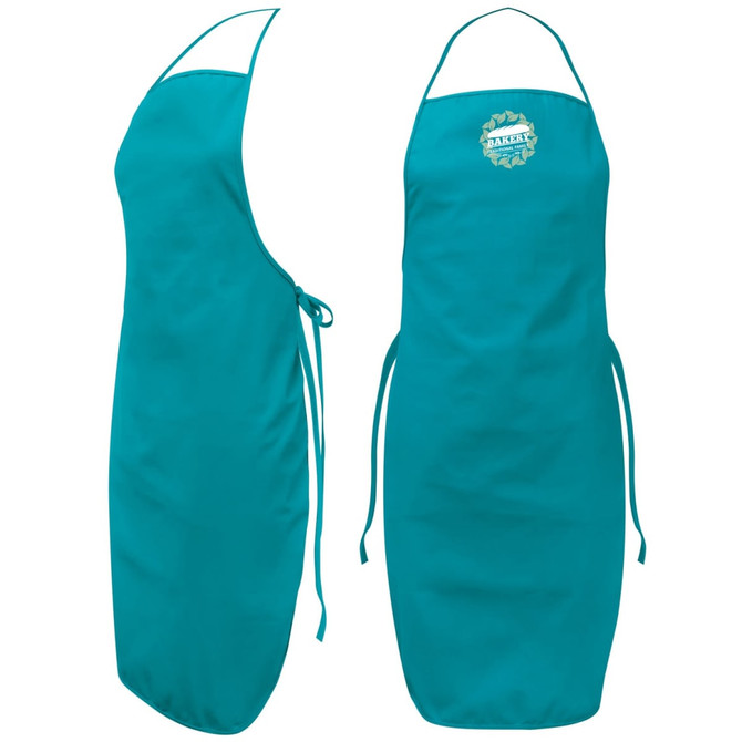 A turquoise Ritz Bib Apron with a logo, featuring a simple design and adjustable ties at the waist.