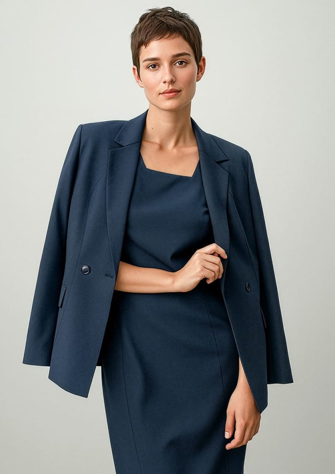 A double-breasted longline jacket in navy blue, featuring a tailored fit and structured silhouette.