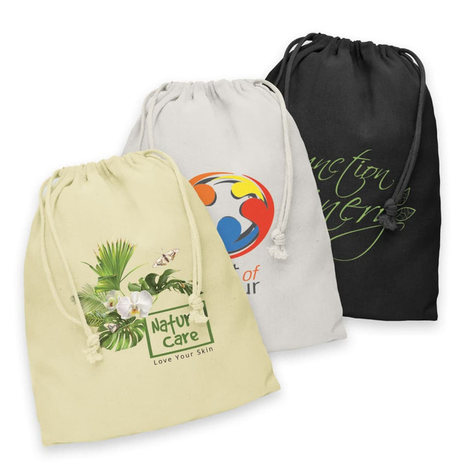 Three large cotton gift bags in cream, grey, and black, each featuring a unique logo or design.